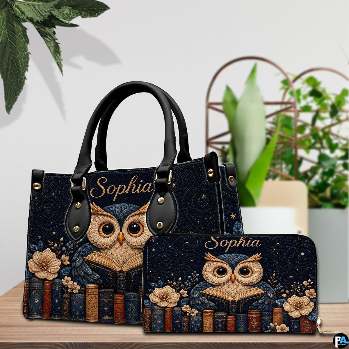 Lifestyle display presenting the relative proportions of the reading owl handbag and wallet set.