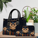 Lifestyle display presenting the relative proportions of the reading owl handbag and wallet set.