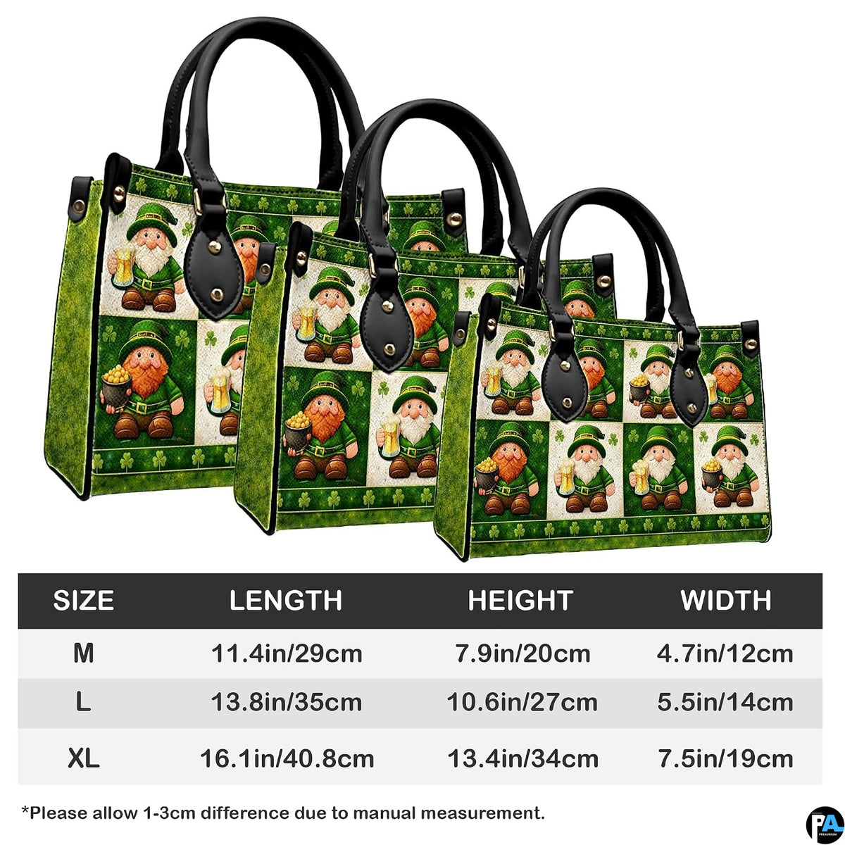 Three proportion views of leprechaun collage handbag