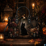 Close-up perspective detailing the vintage black cat art amber eyes, glowing lantern, and ceramic floral urns.