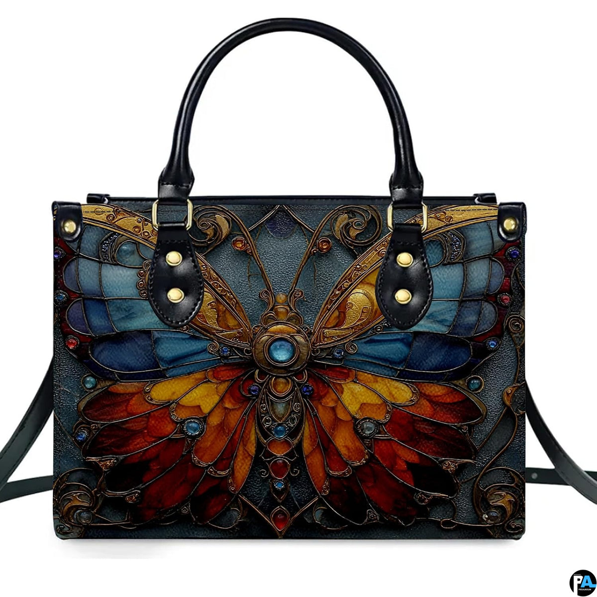 Back view of matching stained glass butterfly zip wallet displaying colorful decorative design
