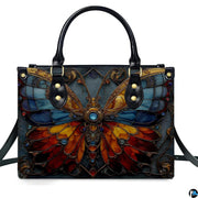 Back view of matching stained glass butterfly zip wallet displaying colorful decorative design