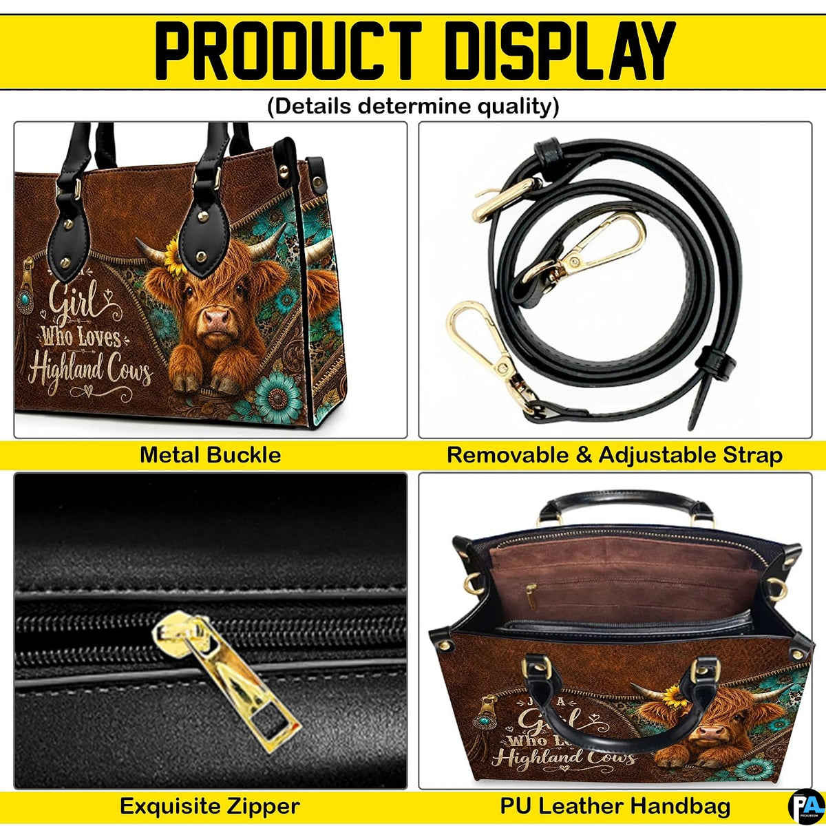 Component overview displaying decorative seams, concho medallion accent, and textured graphic print.