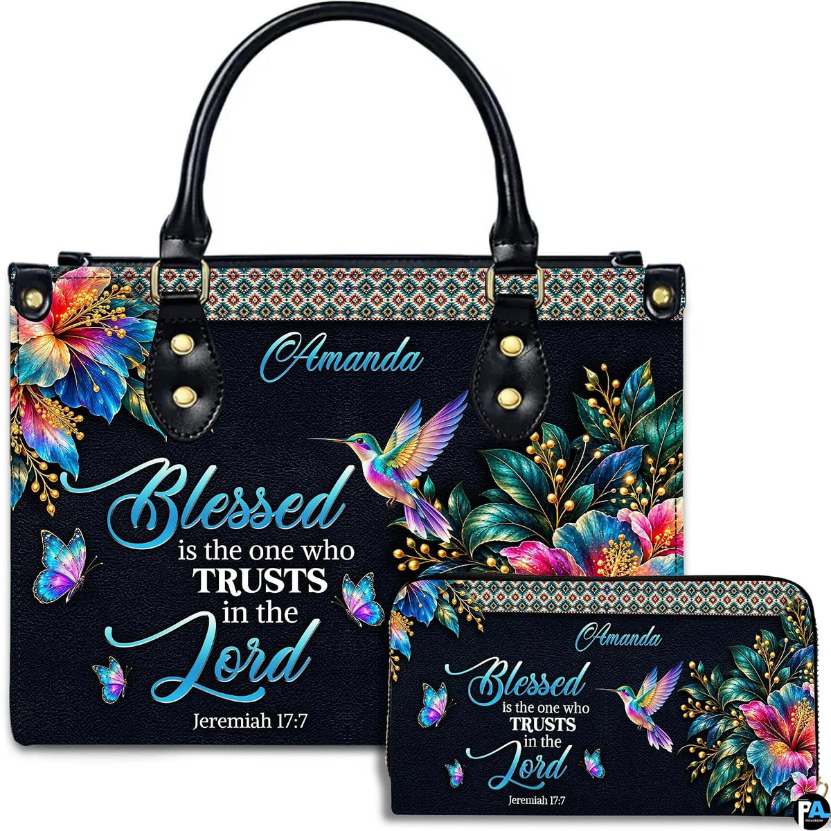 Christian rainbow hummingbird hibiscus handbag and matching wallet set on white background.