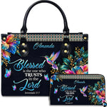 Christian rainbow hummingbird hibiscus handbag and matching wallet set on white background.