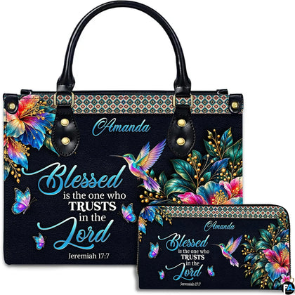 Christian rainbow hummingbird hibiscus handbag and matching wallet set on white background.