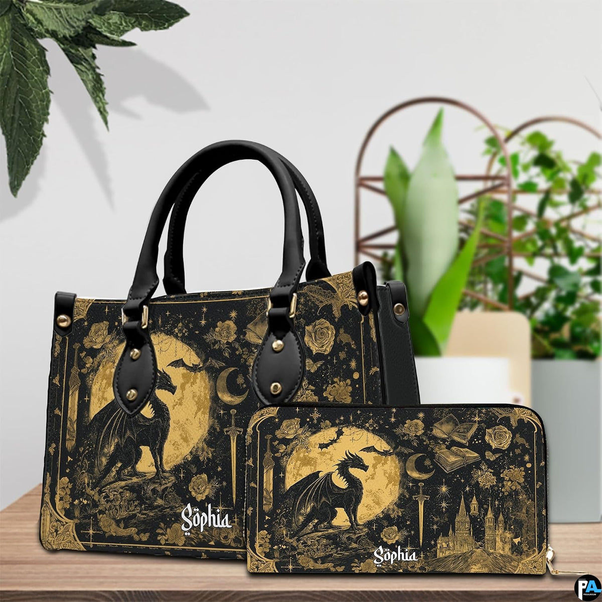 Golden dragon handbag on white wooden table beside floral vase with texture swatch inset.