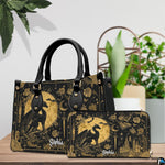 Golden dragon handbag on white wooden table beside floral vase with texture swatch inset.