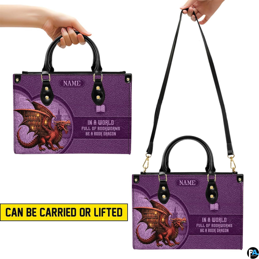 Book dragon handbag carrying demonstration showing top handle and shoulder strap carry.