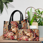 Table arrangement of mosaic Mary print accessory pair situated beside decorative houseplant.