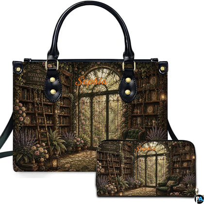 Botanical print handbag with matching accessory, arched glass doors and floral reading room