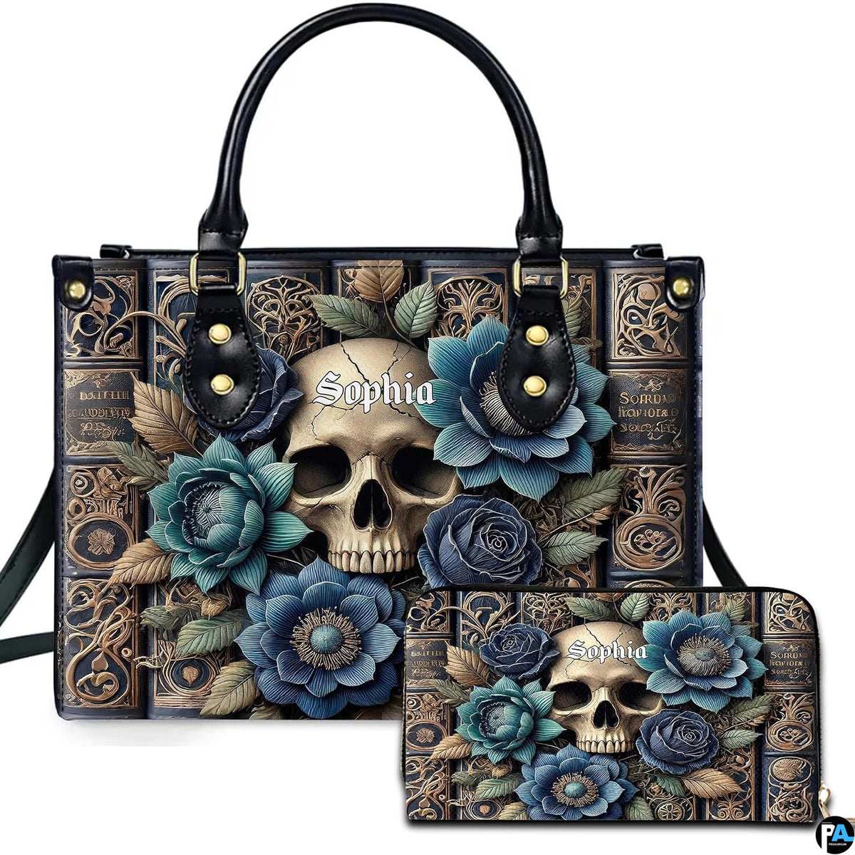 Gothic skull and cerulean rose grimoire handbag and matching zippered wallet displayed together.