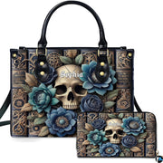 Gothic skull and cerulean rose grimoire handbag and matching zippered wallet displayed together.