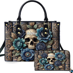 Gothic skull and cerulean rose grimoire handbag and matching zippered wallet displayed together.