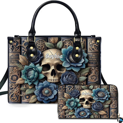 Gothic skull and cerulean rose grimoire handbag and matching zippered wallet displayed together.