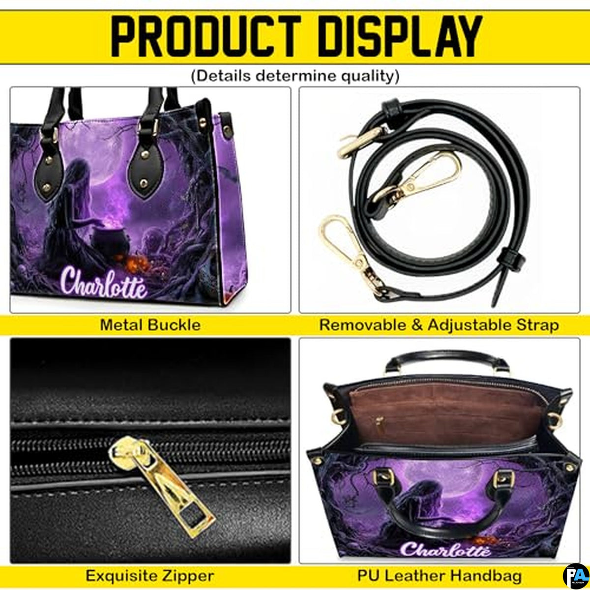 Personalized Halloween Leather Handbag – Custom Witch 3D Printing Effect Purses For Women – Spooky Gothic Shoulder Bag