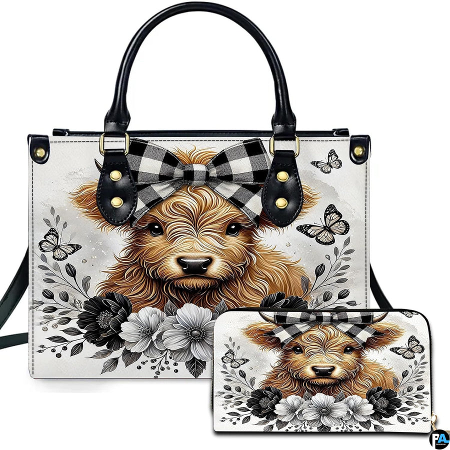 Highland Cow Leather Handbag Custom Cow Purse for Women Country Farm PU Leather Tote Gifts for Farmers Girls Mom Gift