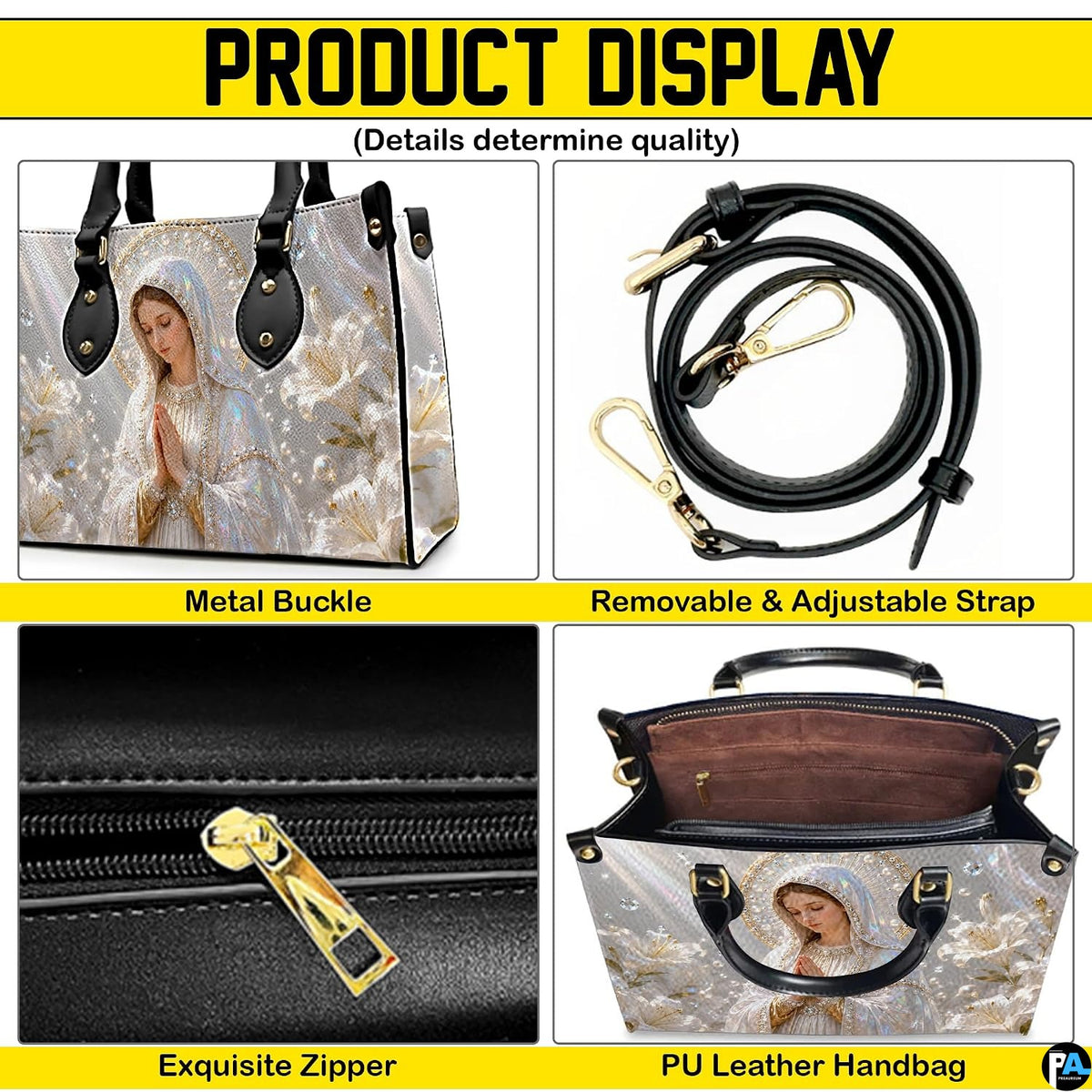 Top view of pearlescent Madonna handbag displaying top zipper opening and carry handles