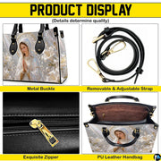 Top view of pearlescent Madonna handbag displaying top zipper opening and carry handles