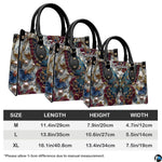 Side perspective view of baroque teal butterfly handbag and wallet pair