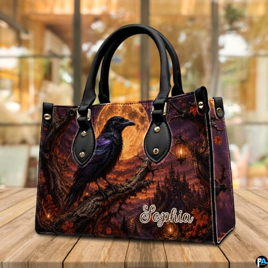 Personalized Halloween Gothic Leather Handbag Custom Raven Black Cat Purse Dark Fantasy Shoulder Bag Gift for Women