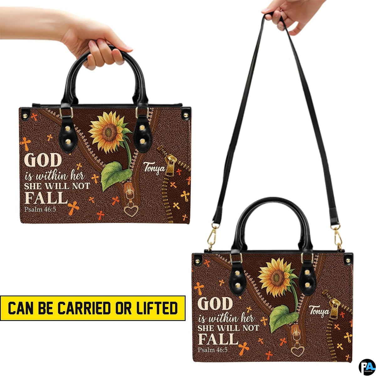 Top angle view showing black carrying handles and main zippered opening of sunflower purse.