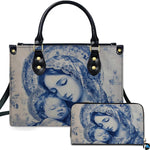 Monochrome blue Madonna and Child art handbag and matching wallet with lace halos on ivory