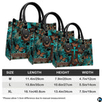 Angled perspective view of turquoise cross butterfly handbag highlighting rustic patina artwork.