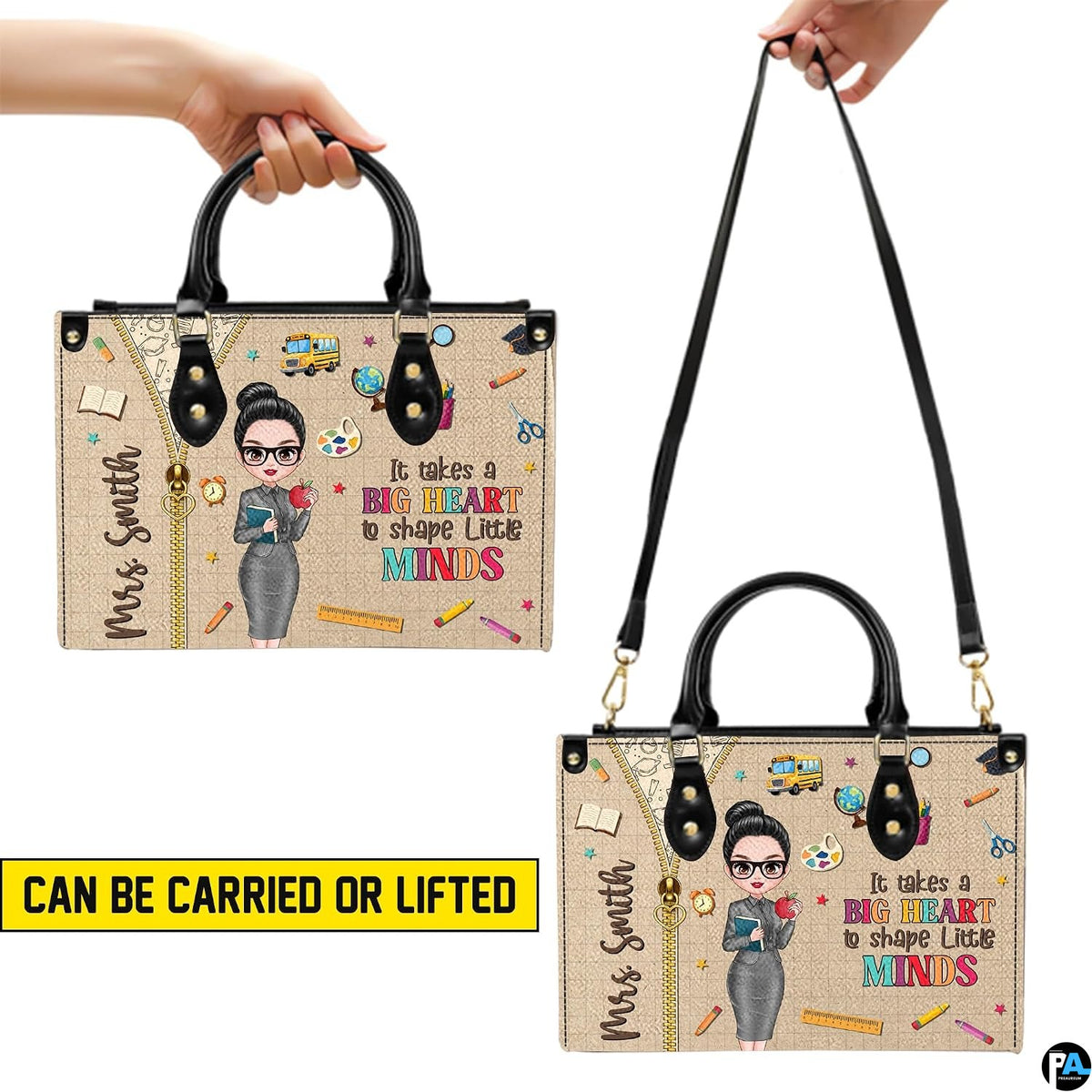 Lifestyle model carry perspective illustrating drape and proportion of the classroom educator accessory pairing