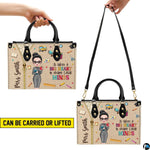 Lifestyle model carry perspective illustrating drape and proportion of the classroom educator accessory pairing
