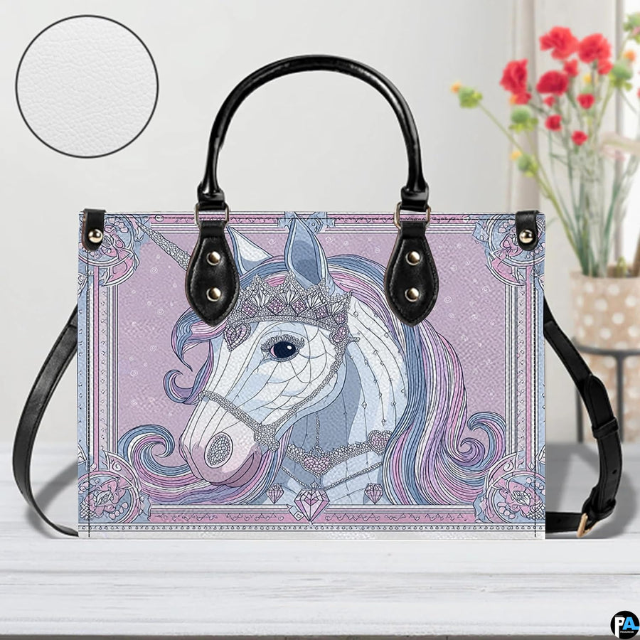 Interior compartment view of unicorn handbag showing inner lining and organization.