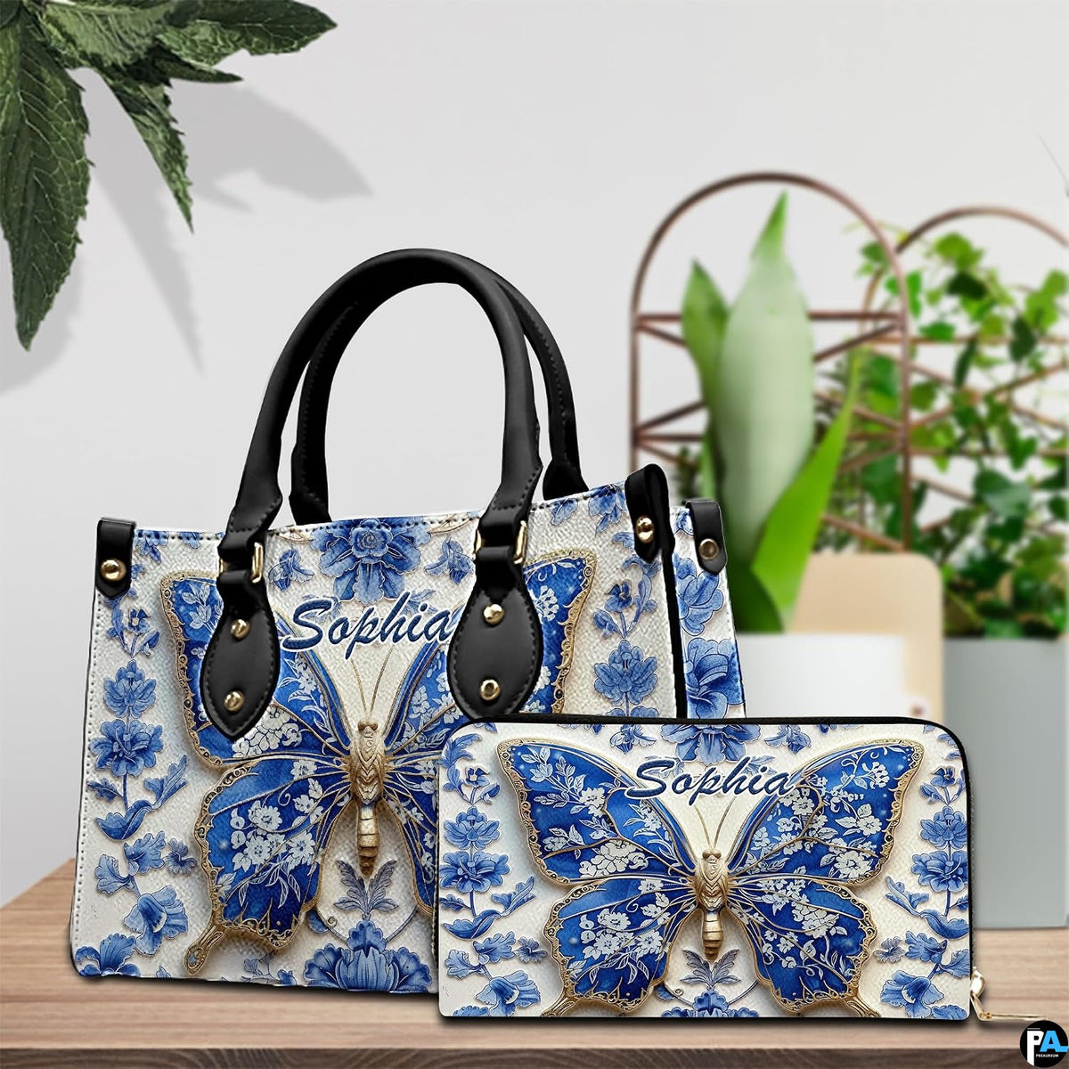 Front close-up of blue porcelain butterfly motif on handbag
