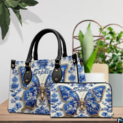 Front close-up of blue porcelain butterfly motif on handbag