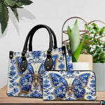 Front close-up of blue porcelain butterfly motif on handbag