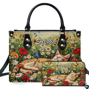 Sleeping cat art presentation showing orange tabby cat resting in wildflower meadow alongside perched blue butterfly.