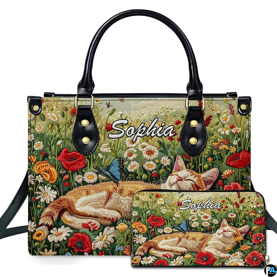 Sleeping cat art presentation showing orange tabby cat resting in wildflower meadow alongside perched blue butterfly.