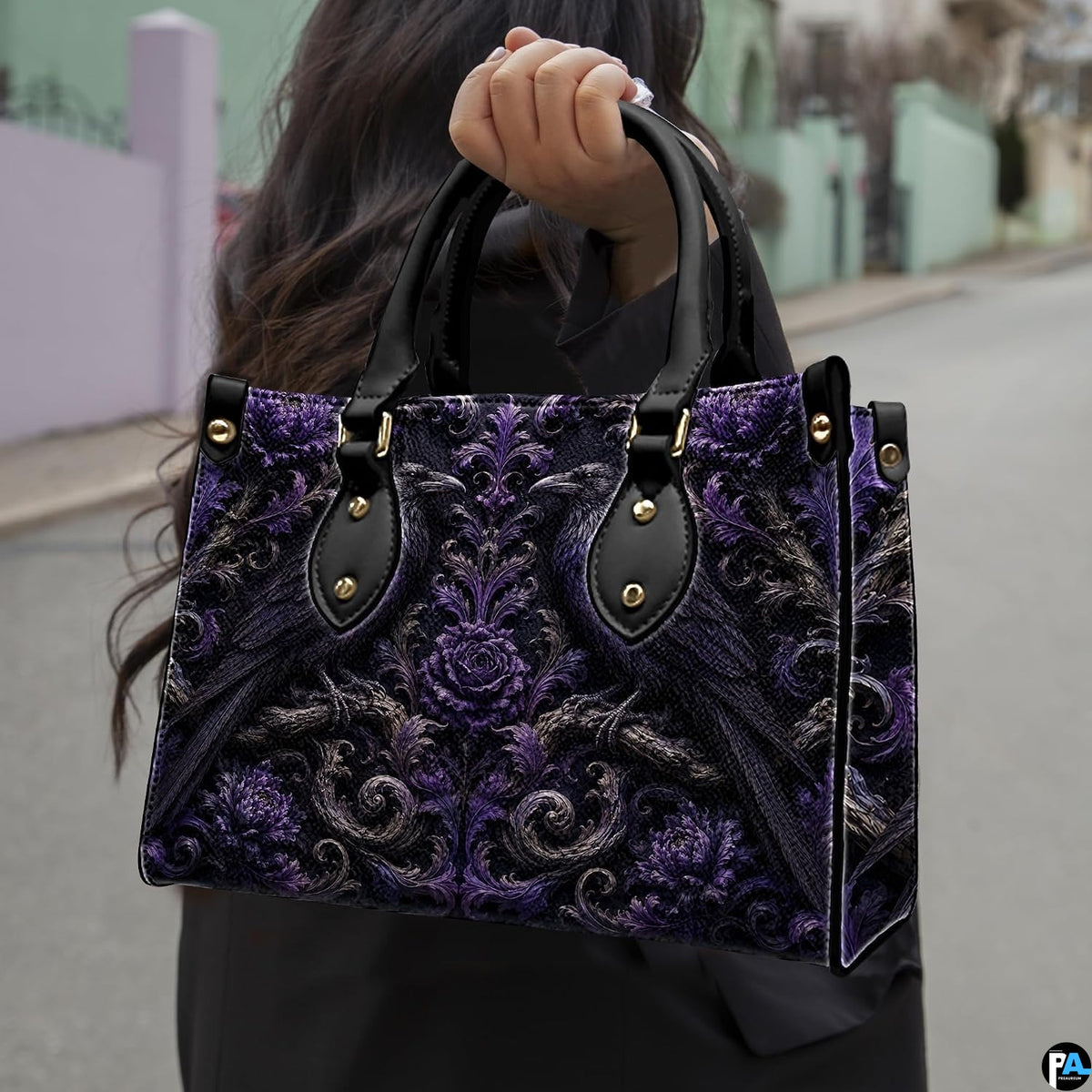 Street perspective of person holding the gothic raven art accessory highlighting rich purple damask motifs.