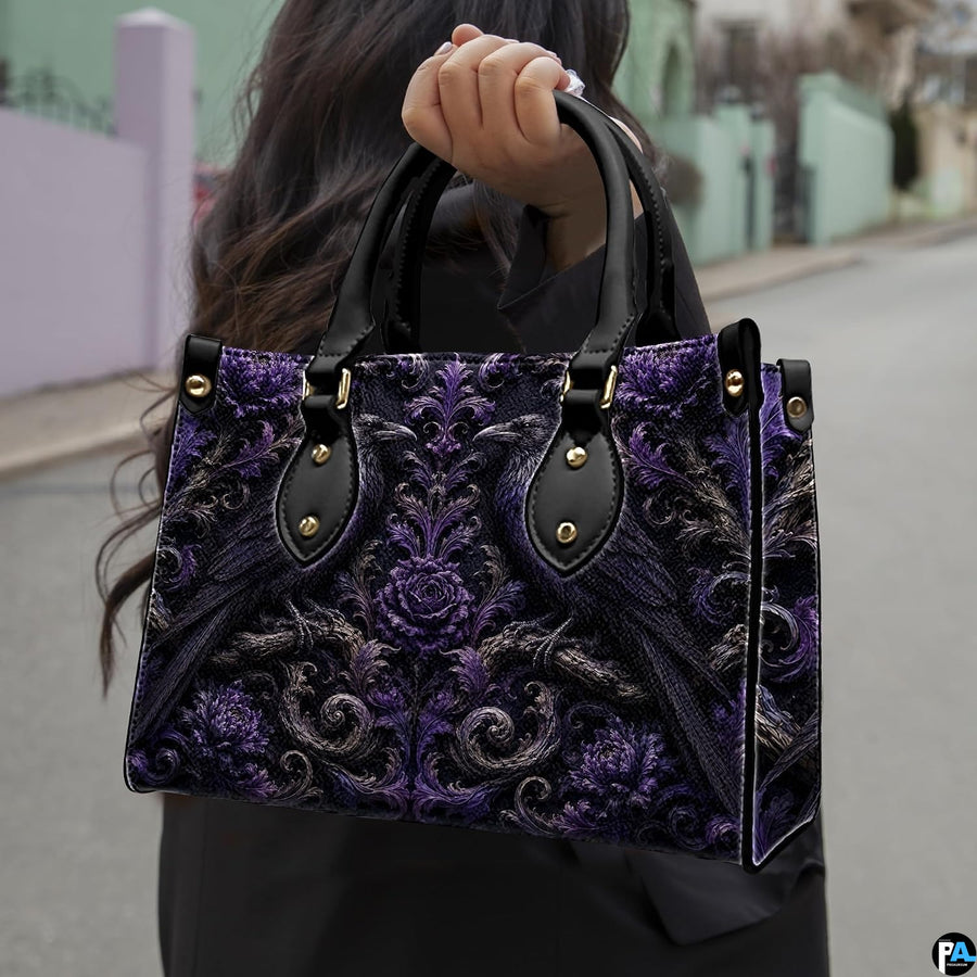 Street perspective of person holding the gothic raven art accessory highlighting rich purple damask motifs.