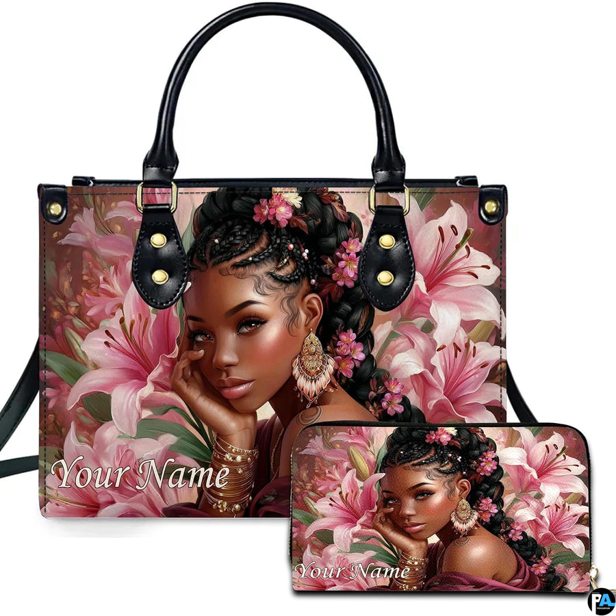 Front display showing Black woman with braided hair resting thoughtfully amidst blooming pink lilies.