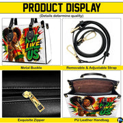 Afrocentric graphic handbag feature detail presentation