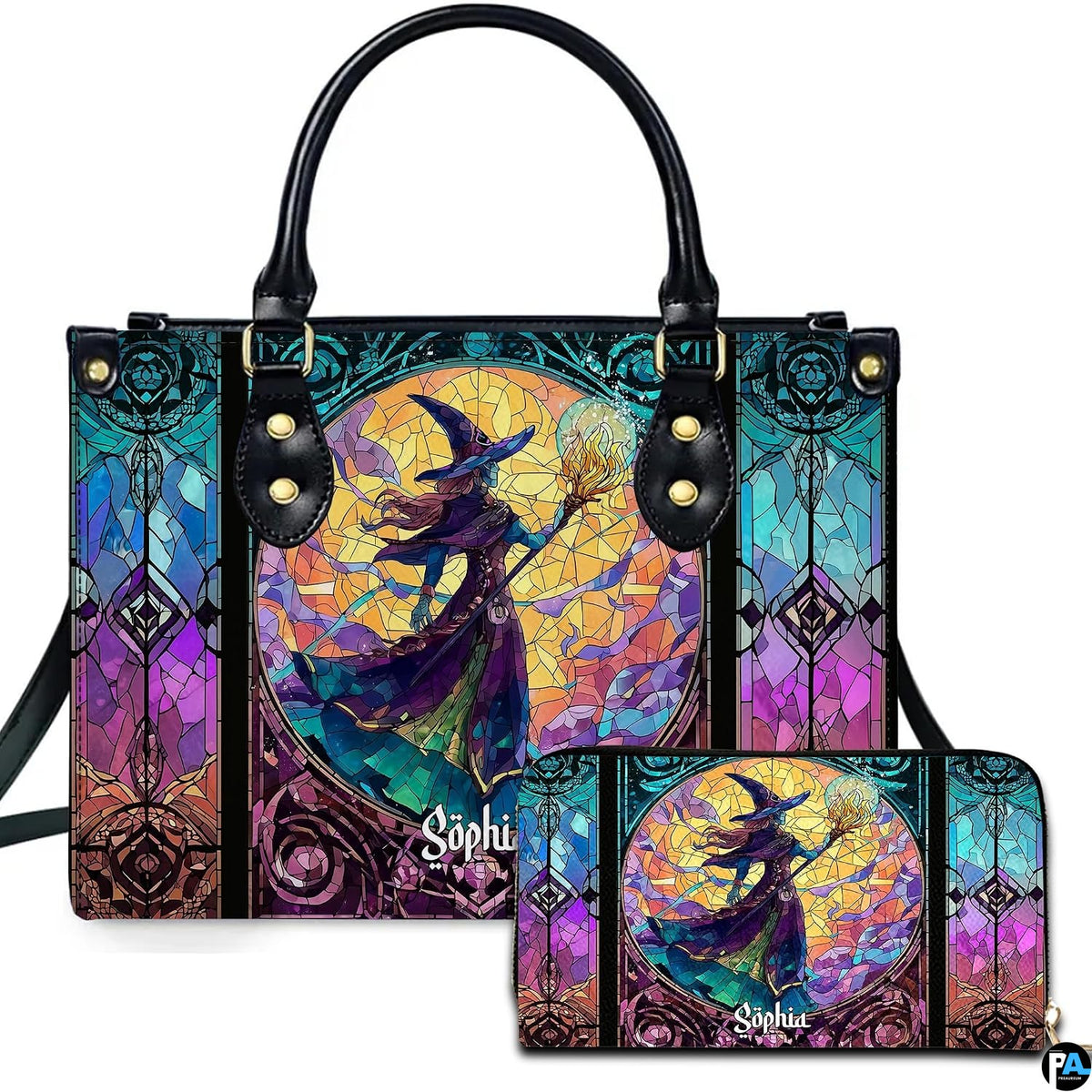 Stained glass witch magic staff handbag and matching wallet set displayed on white background.