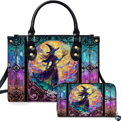 Stained glass witch magic staff handbag and matching wallet set displayed on white background.
