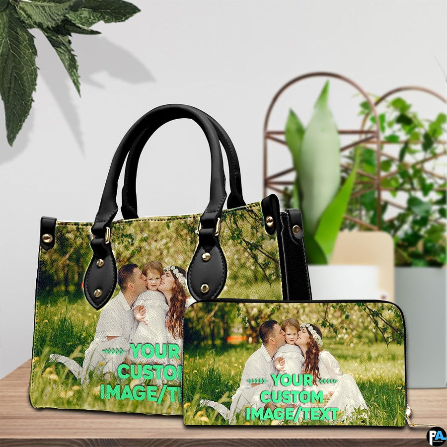 Sunny meadow family portrait handbag and wallet set displayed together on wooden tabletop.