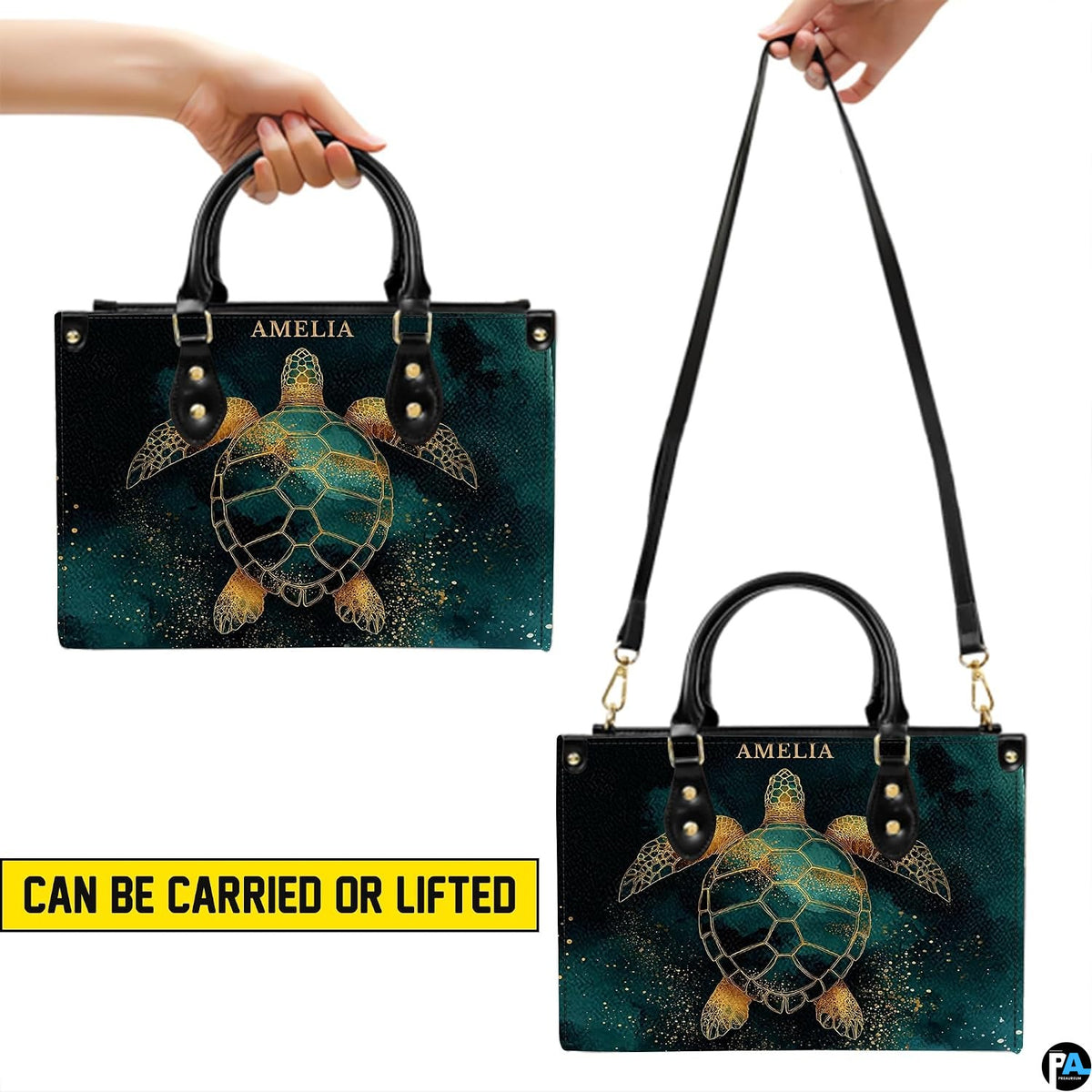 Matching wallet displaying the gold filigree sea turtle with golden speckle accents.