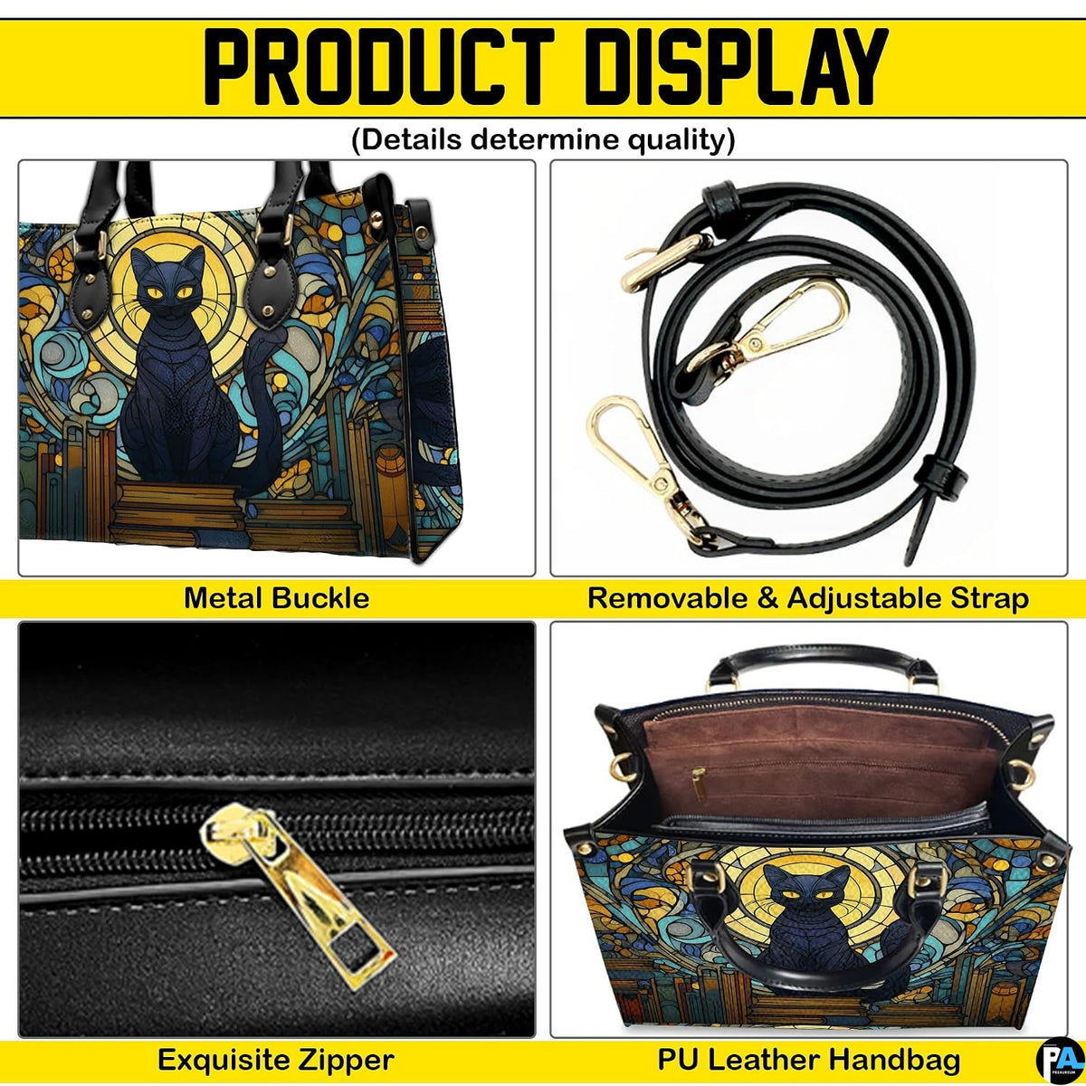 Four-panel layout presenting close-up visual accents of the cat stained glass windows design.