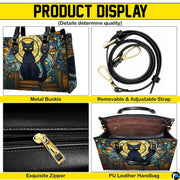 Four-panel layout presenting close-up visual accents of the cat stained glass windows design.