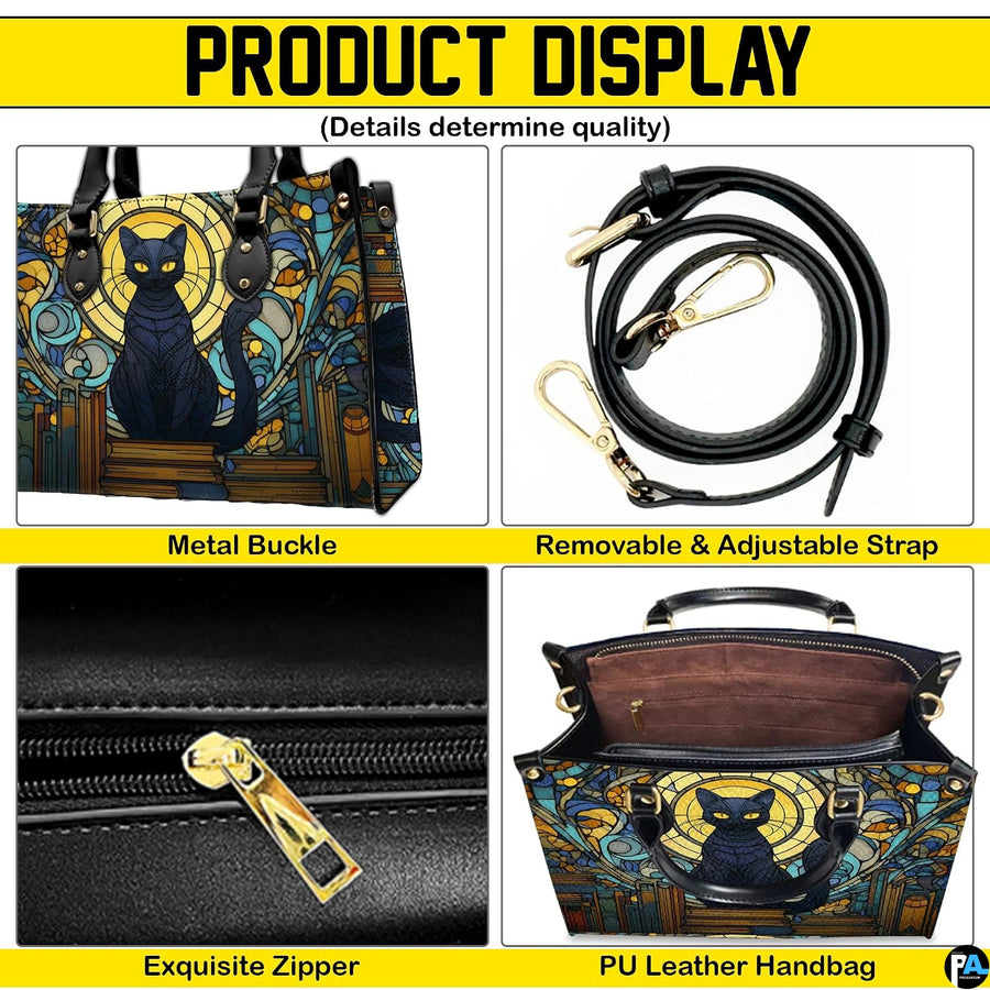 Four-panel layout presenting close-up visual accents of the cat stained glass windows design.