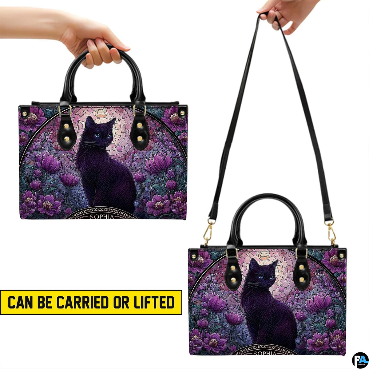 Dual view demonstrating top handle and long shoulder wear options with black cat illustration.