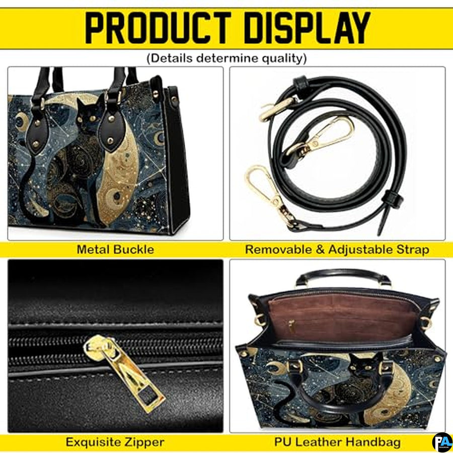 Black Cat Leather Bag – Vintage Cat Art Handbag, Stylish Animal-Themed Purse, Unique Gift for Cat Lovers