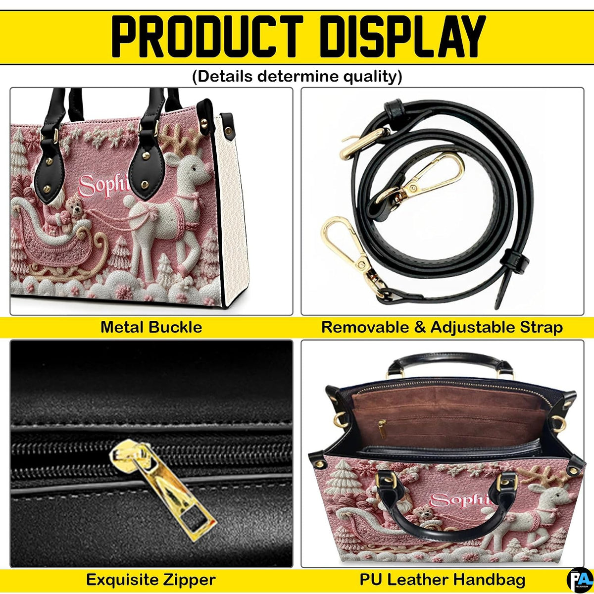 Product detail collage highlighting metal buckles, adjustable strap, zipper, and interior.
